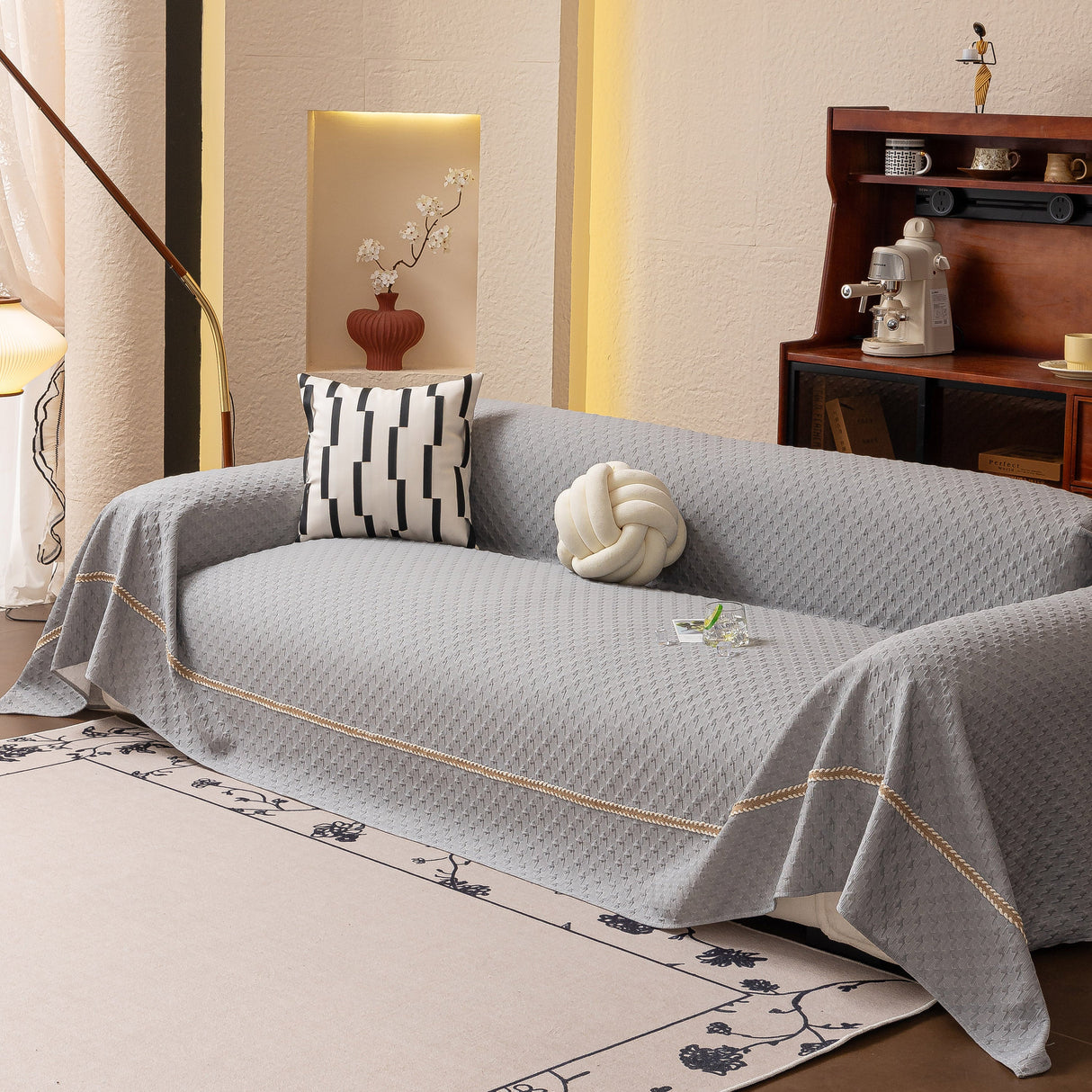 Jacquard Ice Silk Sofa Throw Cover with Gold Trim, Summer Cooling Couch Slipcover