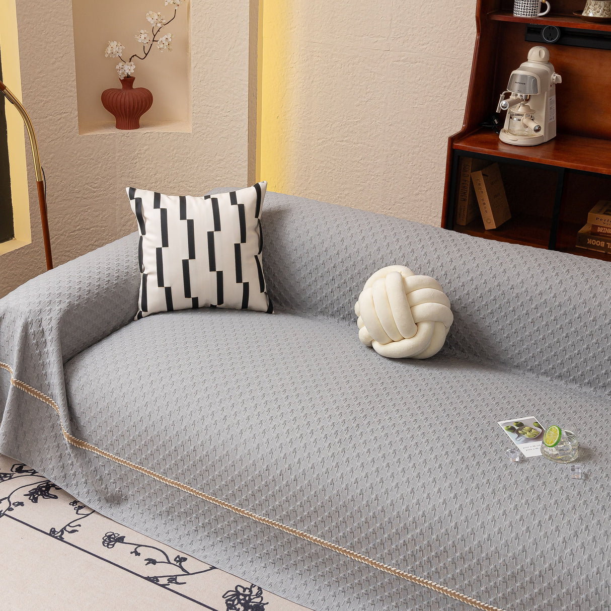 Jacquard Ice Silk Sofa Throw Cover with Gold Trim, Summer Cooling Couch Slipcover