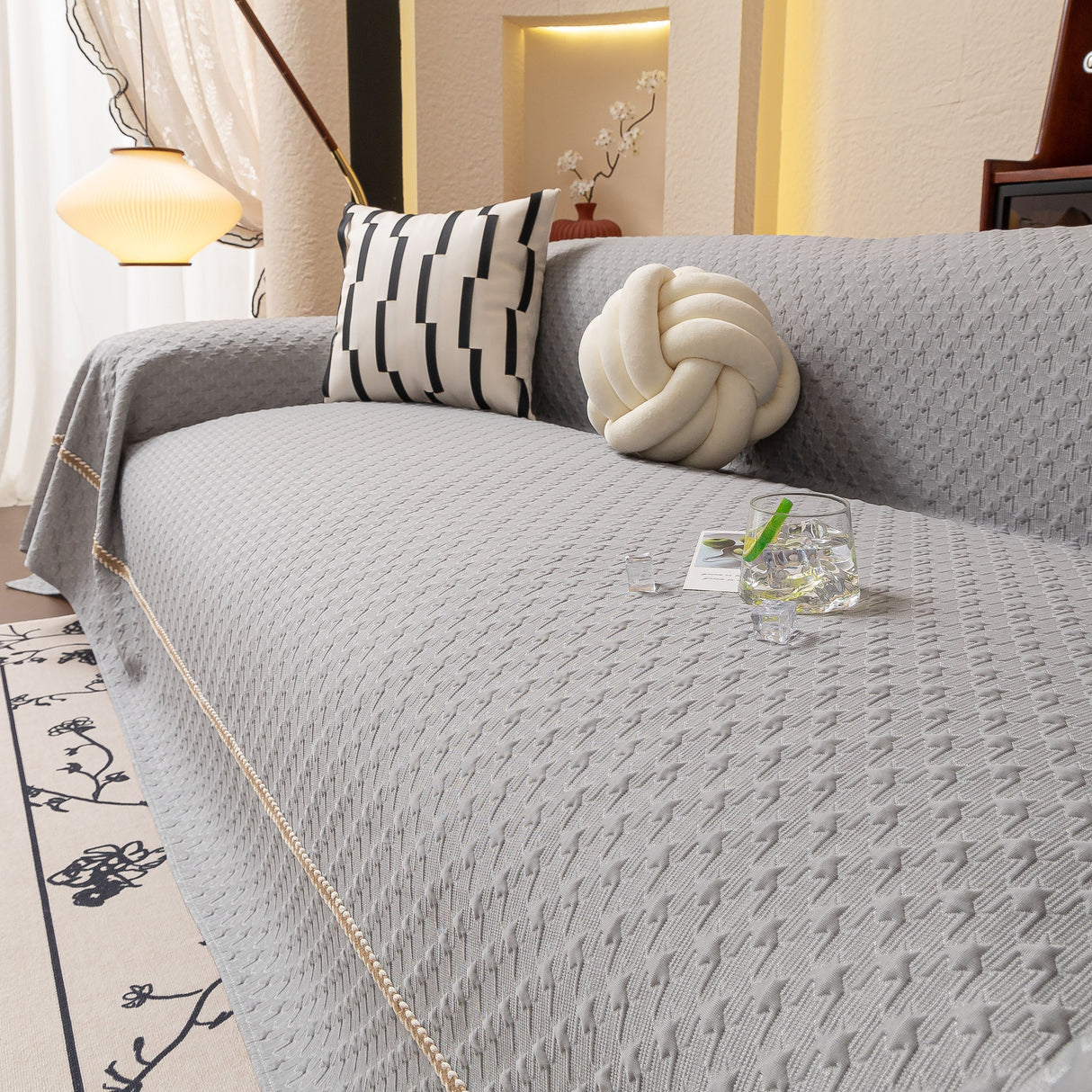 Jacquard Ice Silk Sofa Throw Cover with Gold Trim, Summer Cooling Couch Slipcover