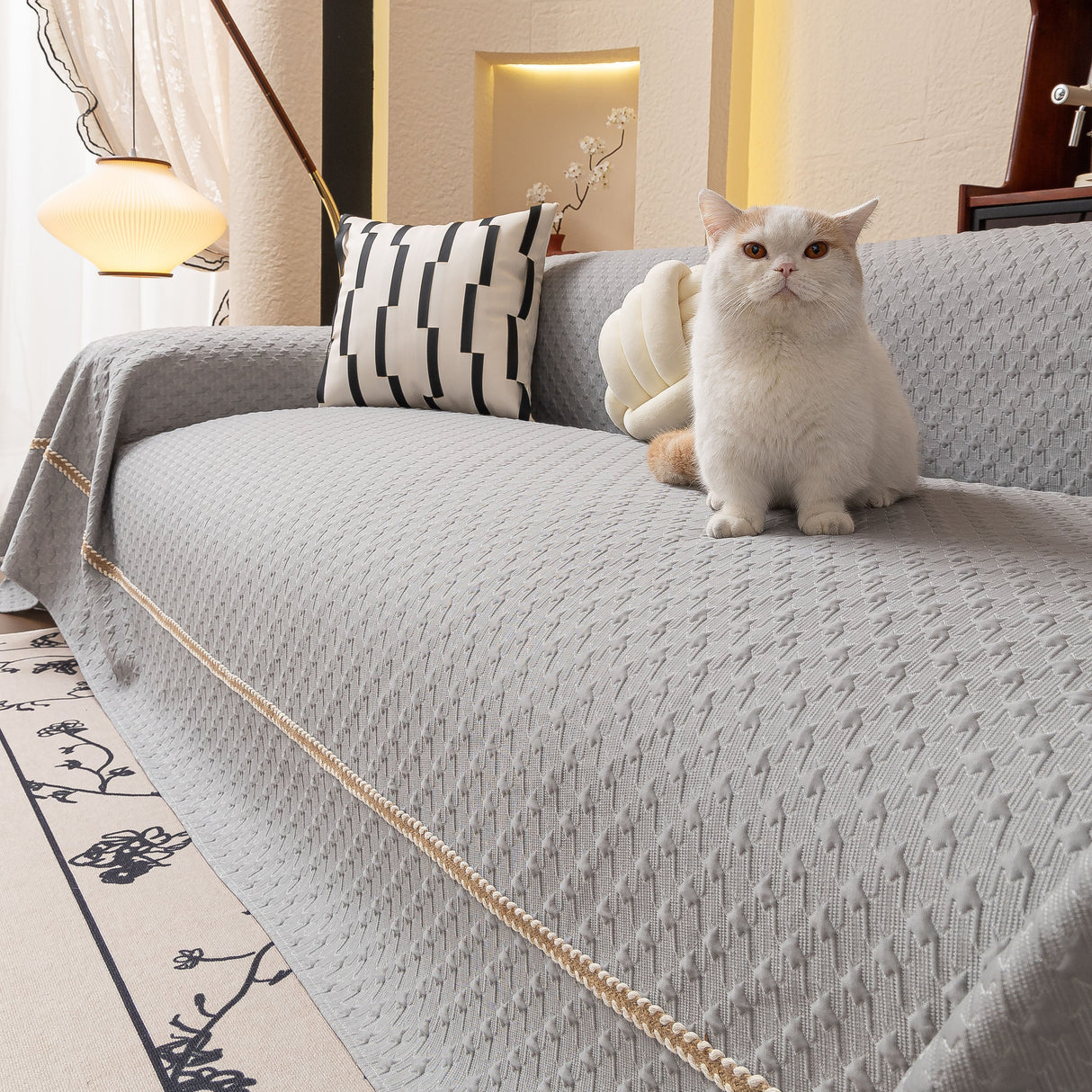 Jacquard Ice Silk Sofa Throw Cover with Gold Trim, Summer Cooling Couch Slipcover