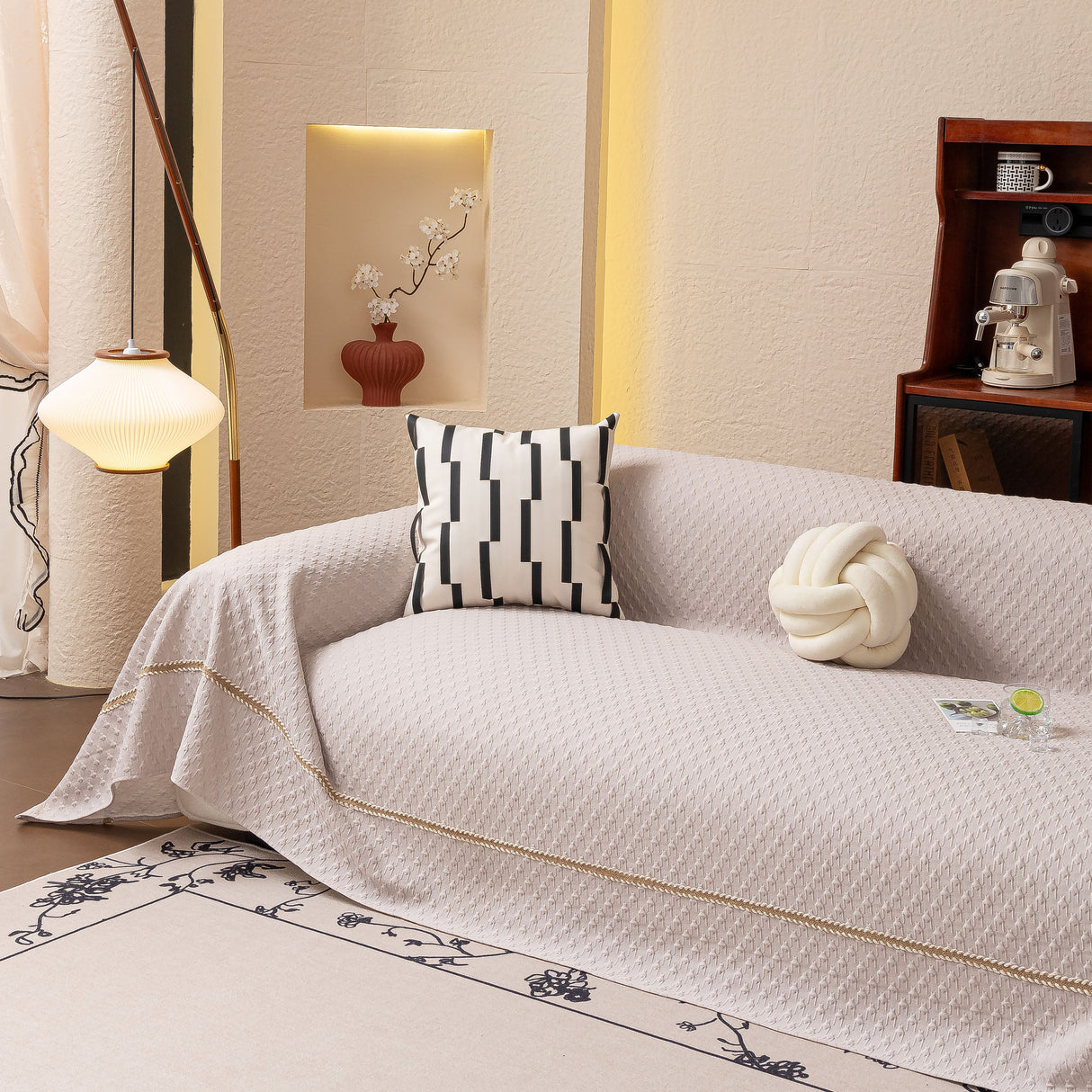 Jacquard Ice Silk Sofa Throw Cover with Gold Trim, Summer Cooling Couch Slipcover