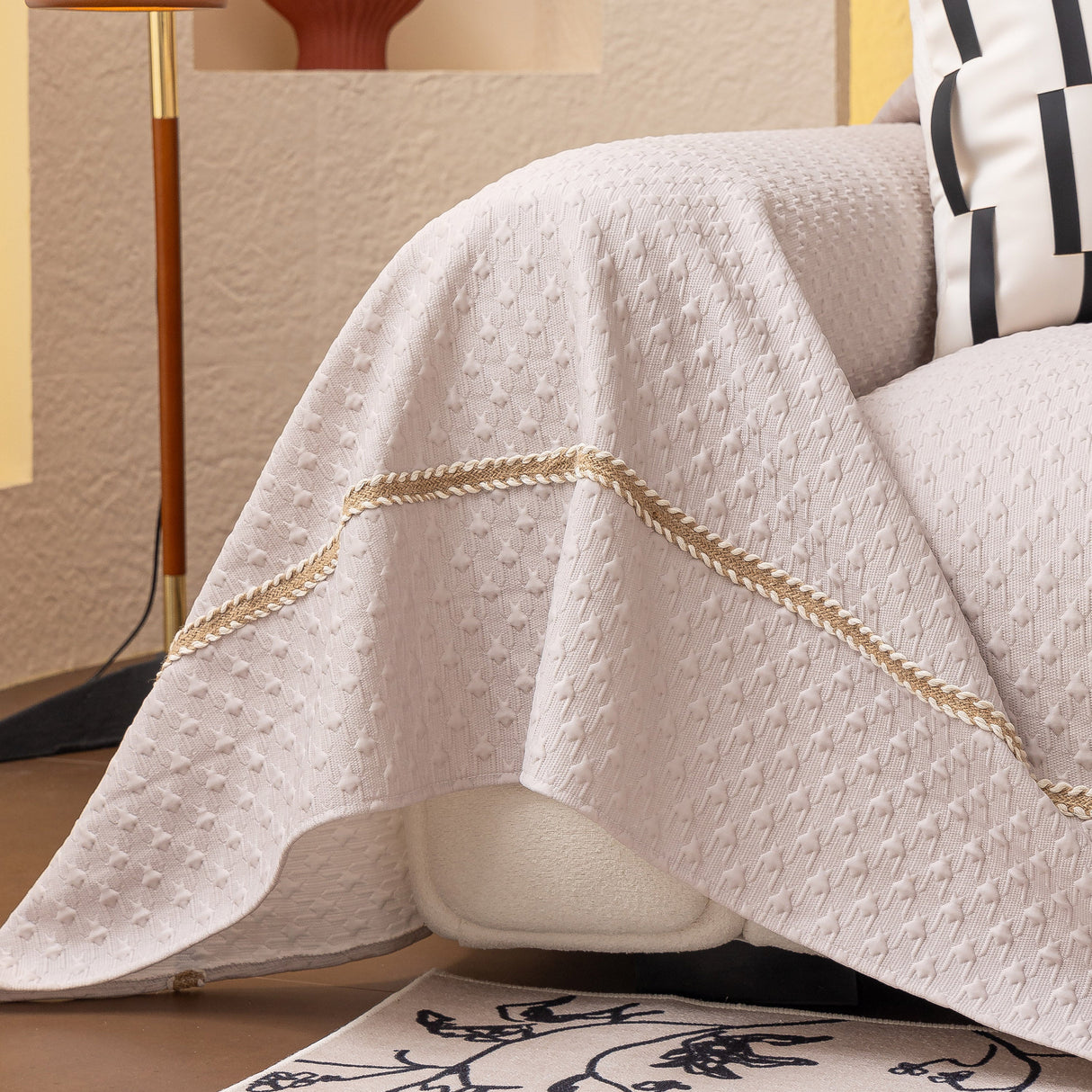 Jacquard Ice Silk Sofa Throw Cover with Gold Trim, Summer Cooling Couch Slipcover