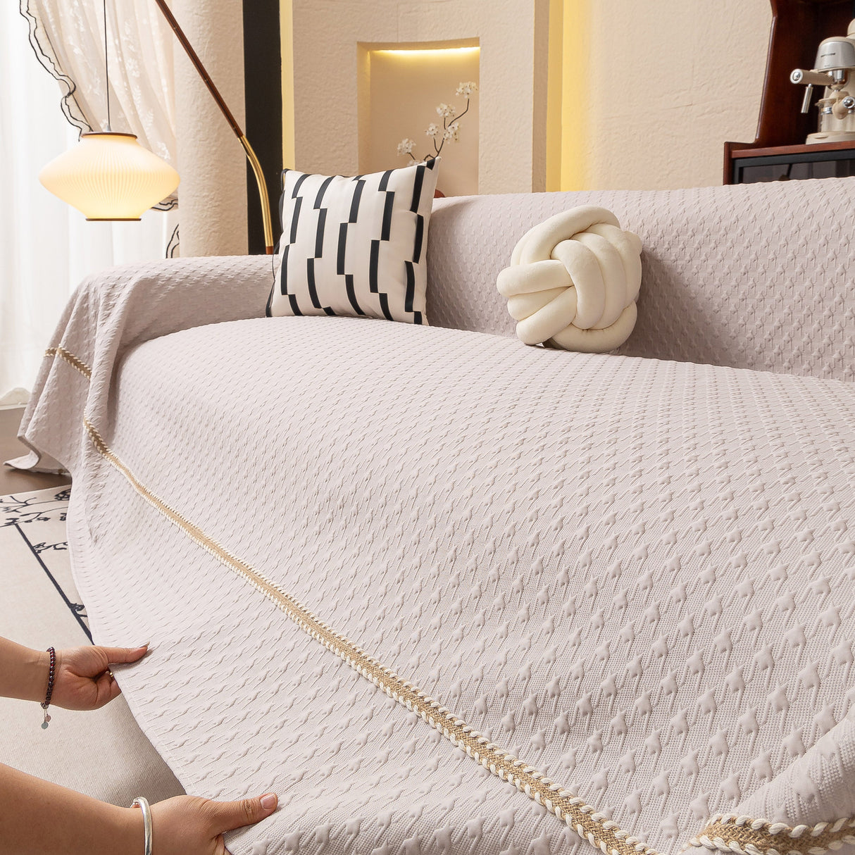 Jacquard Ice Silk Sofa Throw Cover with Gold Trim, Summer Cooling Couch Slipcover