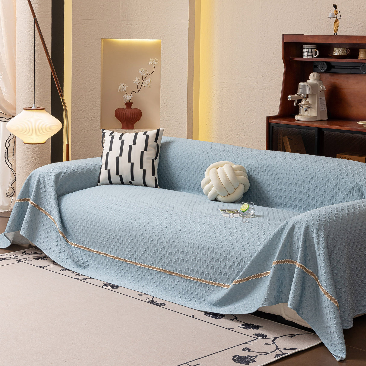 Jacquard Ice Silk Sofa Throw Cover with Gold Trim, Summer Cooling Couch Slipcover