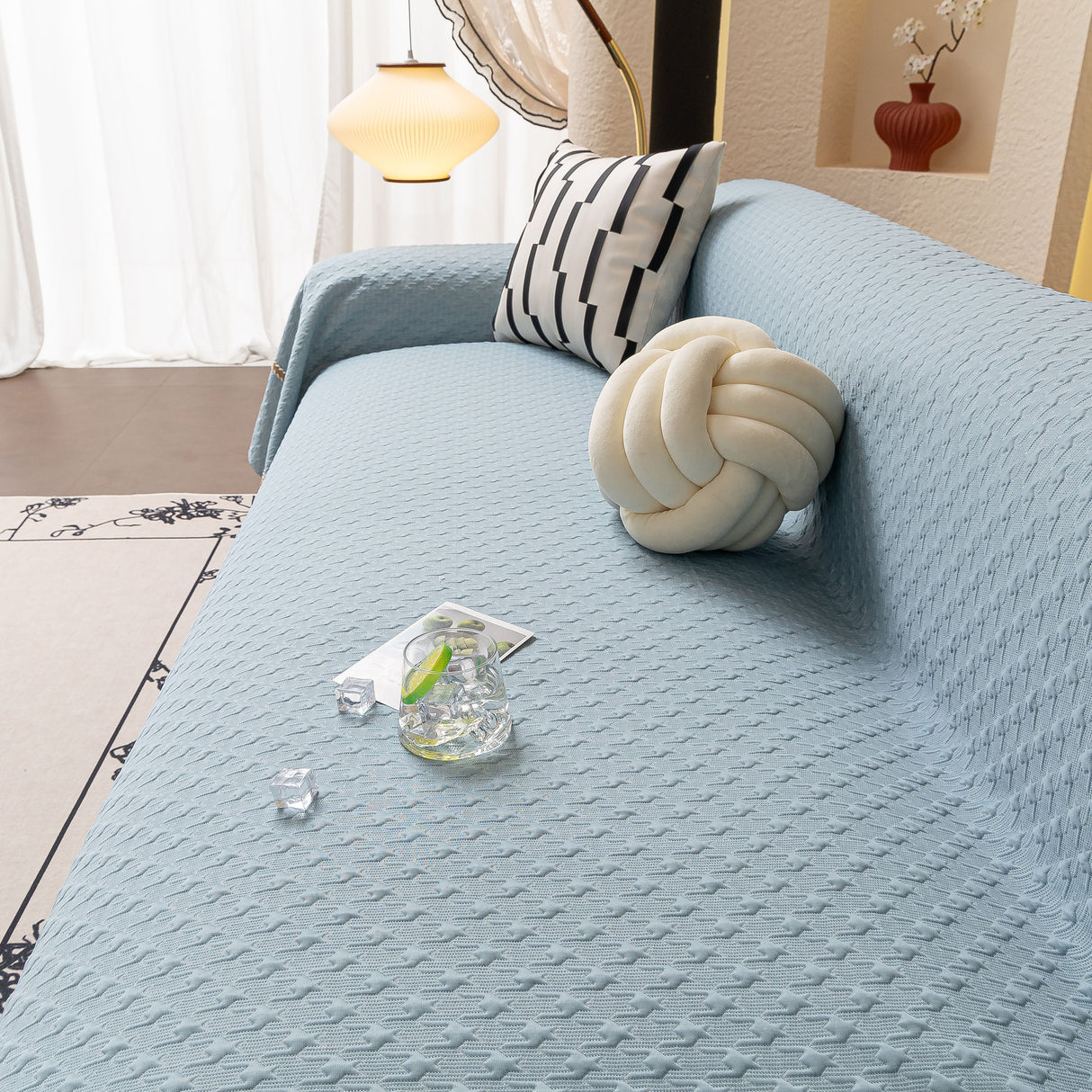 Jacquard Ice Silk Sofa Throw Cover with Gold Trim, Summer Cooling Couch Slipcover