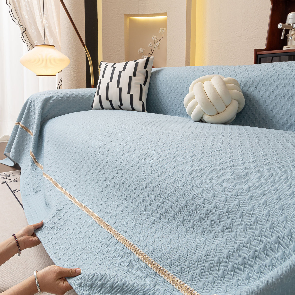 Jacquard Ice Silk Sofa Throw Cover with Gold Trim, Summer Cooling Couch Slipcover