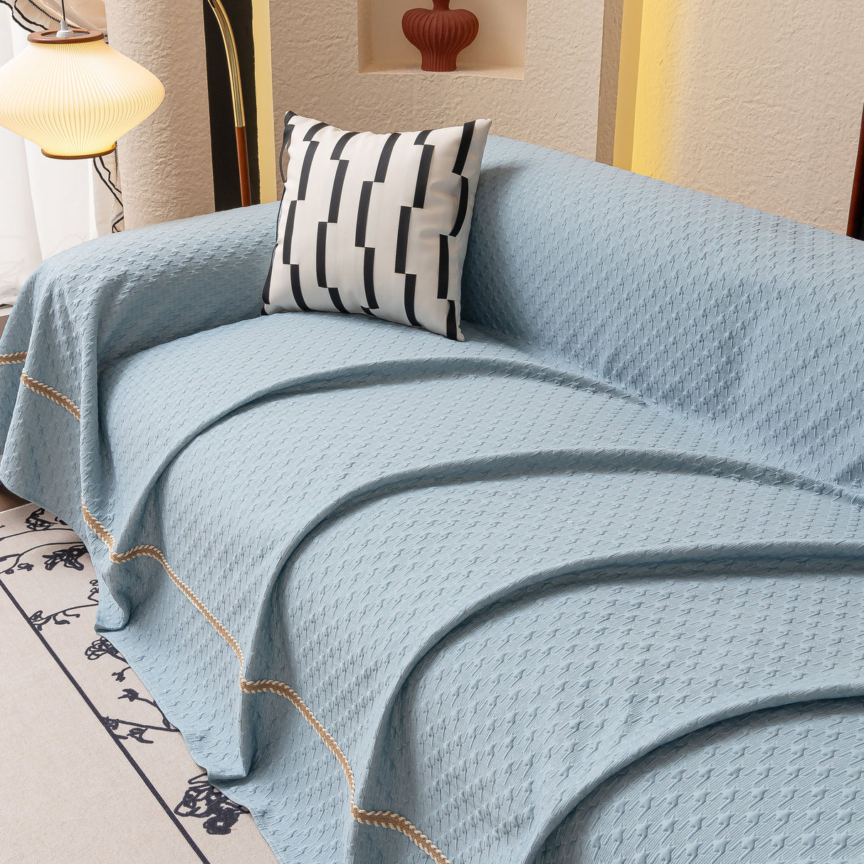 Jacquard Ice Silk Sofa Throw Cover with Gold Trim, Summer Cooling Couch Slipcover