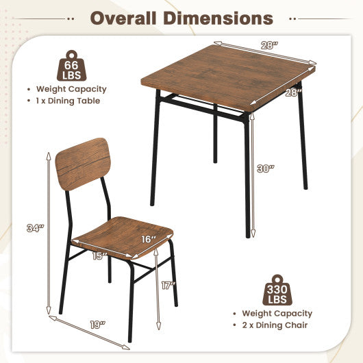3 Piece Dining Table Set for 2 Wood Square Table with Metal Frame-Brown