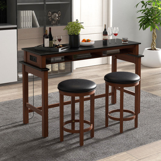 3-Piece Home Bar Set with 2 Upholstered Bar Stools Outlets and USB Ports-Black