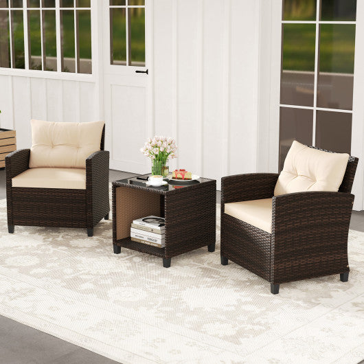3 Piece Patio Sofa Set Wicker Chairs and Coffee Table with Storage-Beige