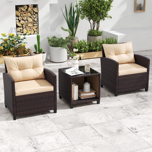 3 Piece Patio Sofa Set Wicker Chairs and Coffee Table with Storage-Beige