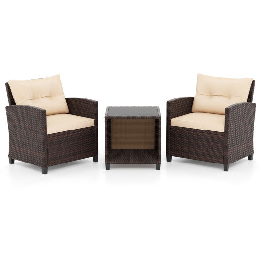 3 Piece Patio Sofa Set Wicker Chairs and Coffee Table with Storage-Beige