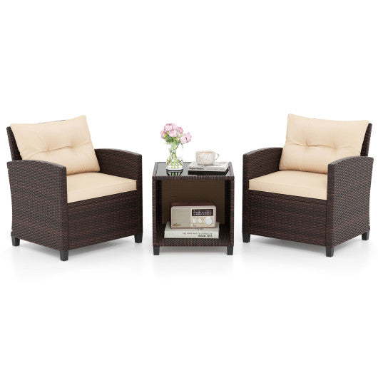 3 Piece Patio Sofa Set Wicker Chairs and Coffee Table with Storage-Beige