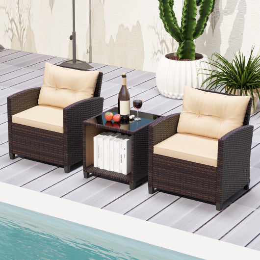 3 Piece Patio Sofa Set Wicker Chairs and Coffee Table with Storage-Beige