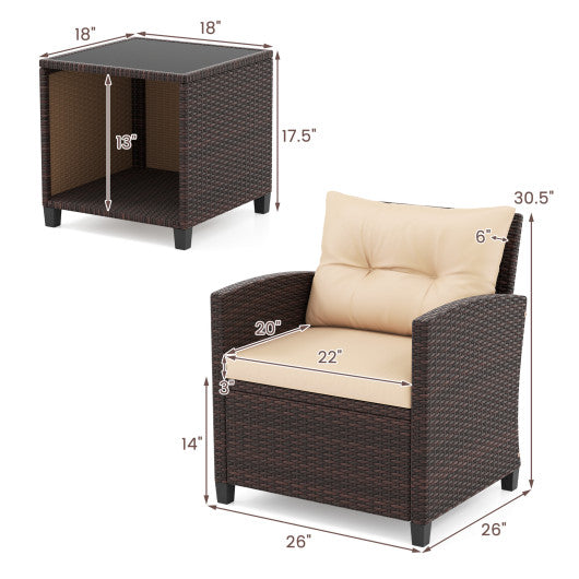 3 Piece Patio Sofa Set Wicker Chairs and Coffee Table with Storage-Beige