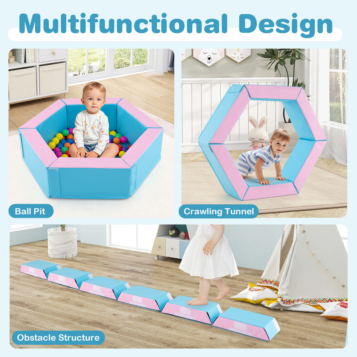 3-Piece Baby Foam Climbing Blocks Climb and Crawl Set with 100 Ocean Balls-Blue