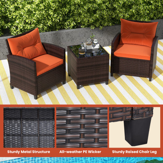 3 Pieces Rattan Patio Furniture Set with Washable Cushion-Orange