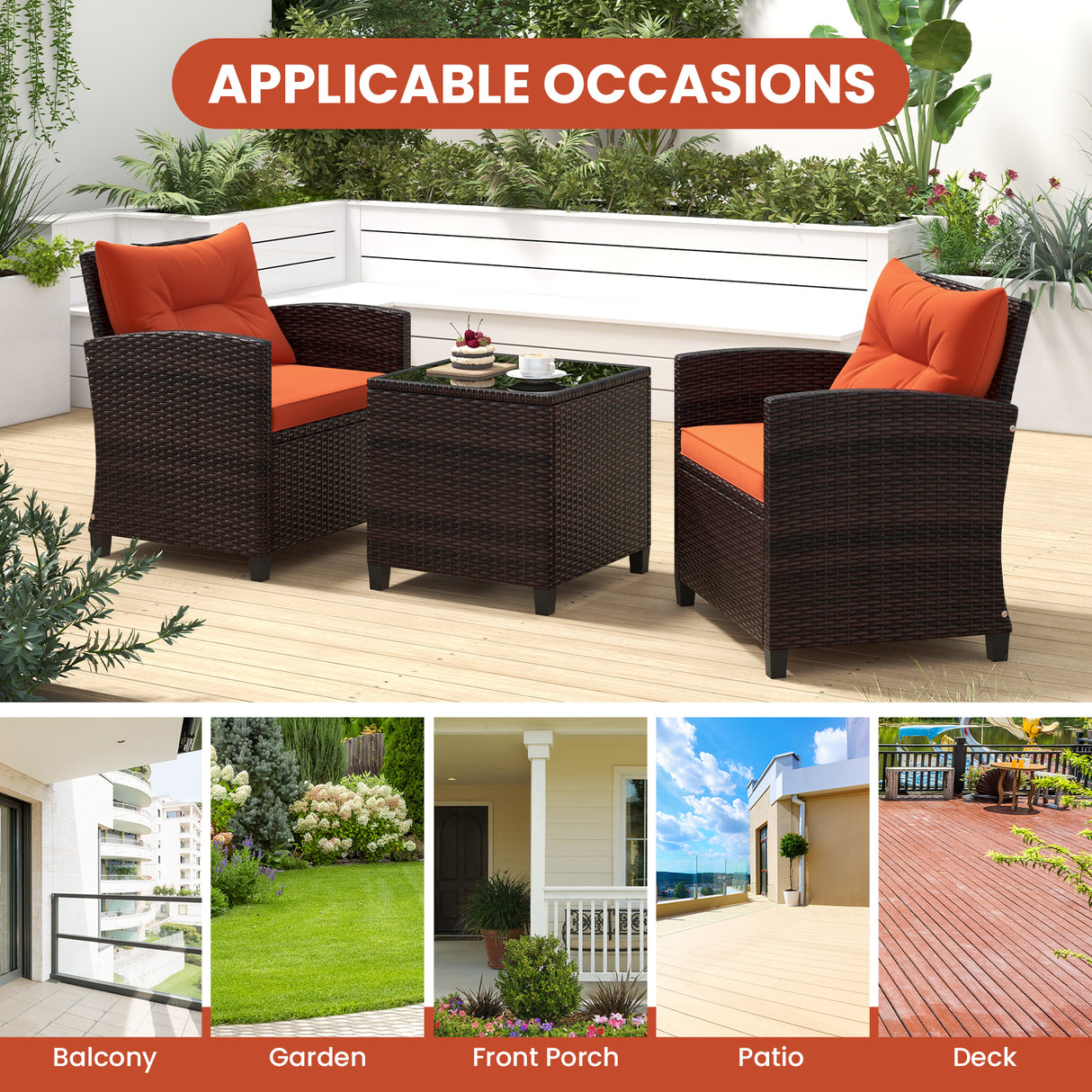 3 Pieces Rattan Patio Furniture Set with Washable Cushion-Orange