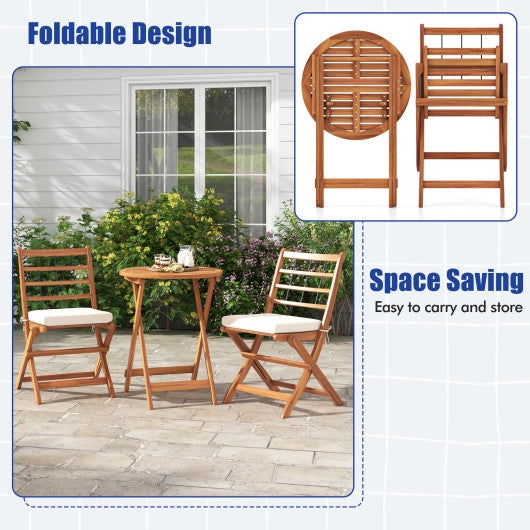 3 Pieces Acacia Wood Patio Bistro Set with Cushions-White
