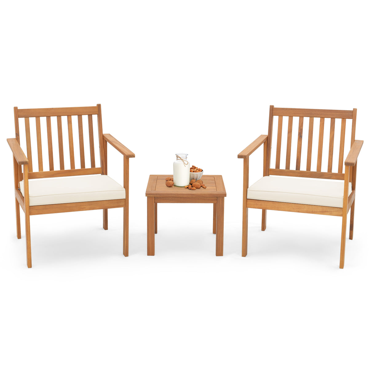 3 Pieces Patio Wood Furniture Set with soft Cushions for Porch-White