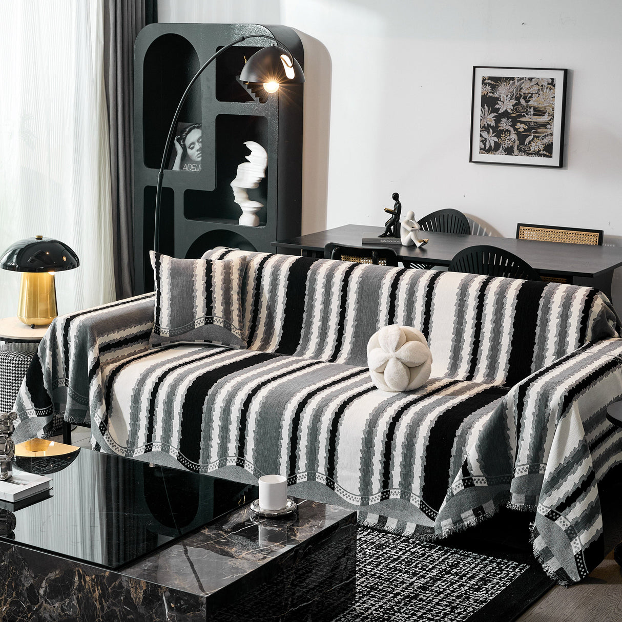 Striped Chenille Sofa Throw Covers, Boho Style Cozy Couch Protector Blanket