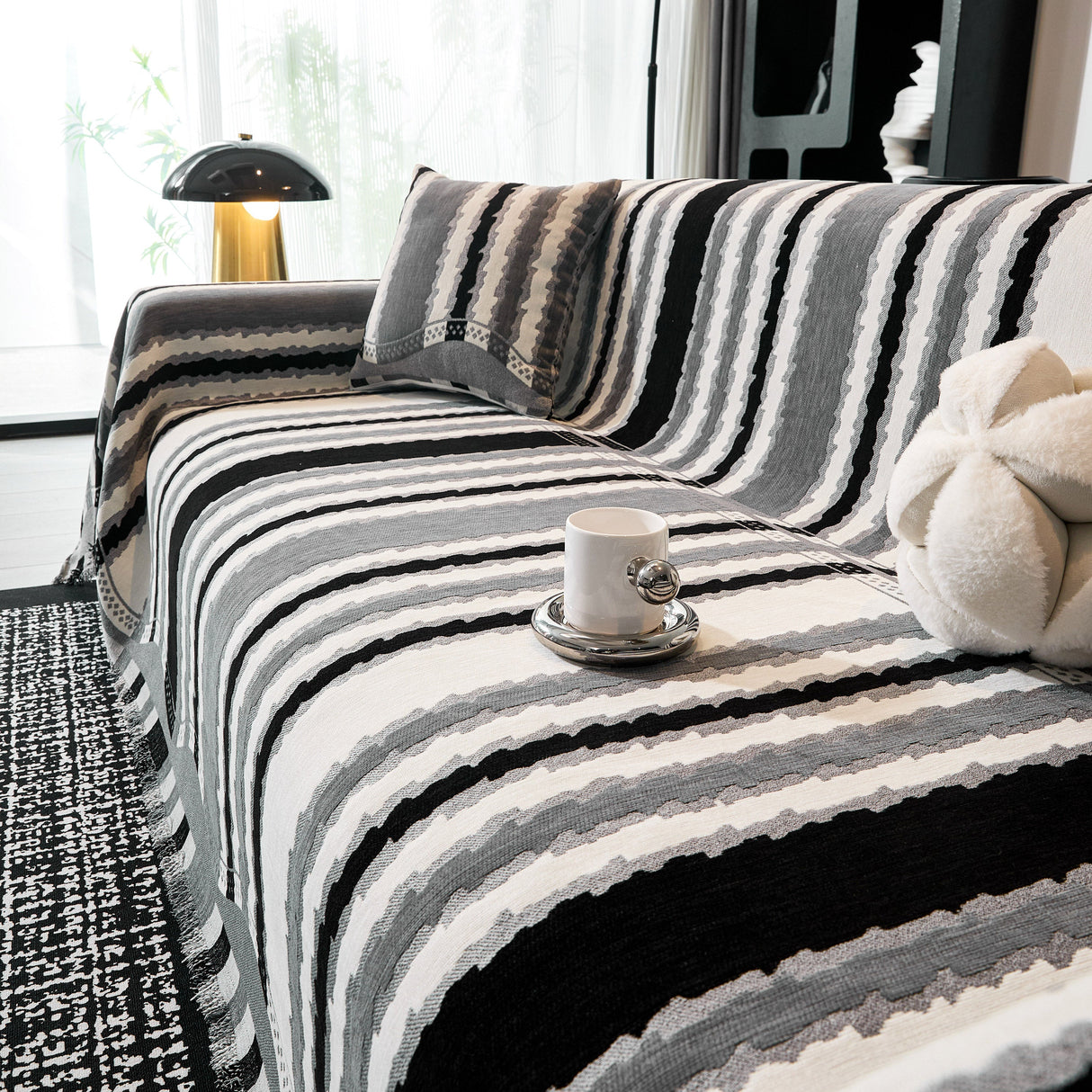 Striped Chenille Sofa Throw Covers, Boho Style Cozy Couch Protector Blanket
