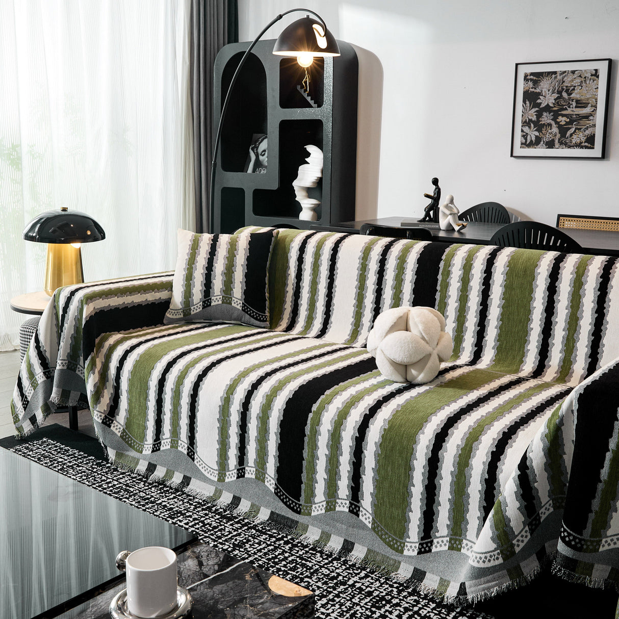 Striped Chenille Sofa Throw Covers, Boho Style Cozy Couch Protector Blanket