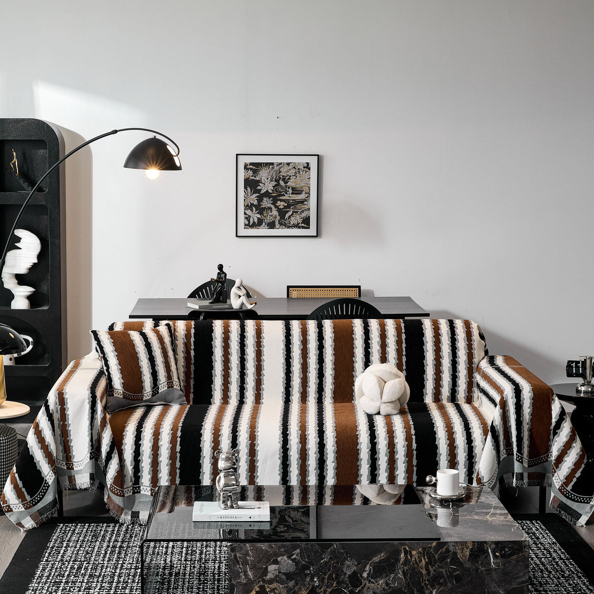 Striped Chenille Sofa Throw Covers, Boho Style Cozy Couch Protector Blanket