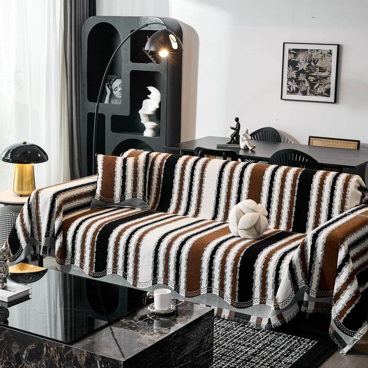 Striped Chenille Sofa Throw Covers, Boho Style Cozy Couch Protector Blanket