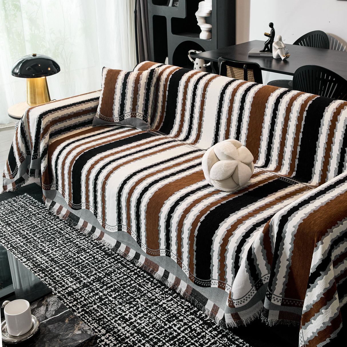 Striped Chenille Sofa Throw Covers, Boho Style Cozy Couch Protector Blanket
