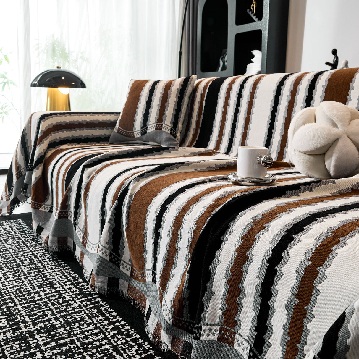 Striped Chenille Sofa Throw Covers, Boho Style Cozy Couch Protector Blanket