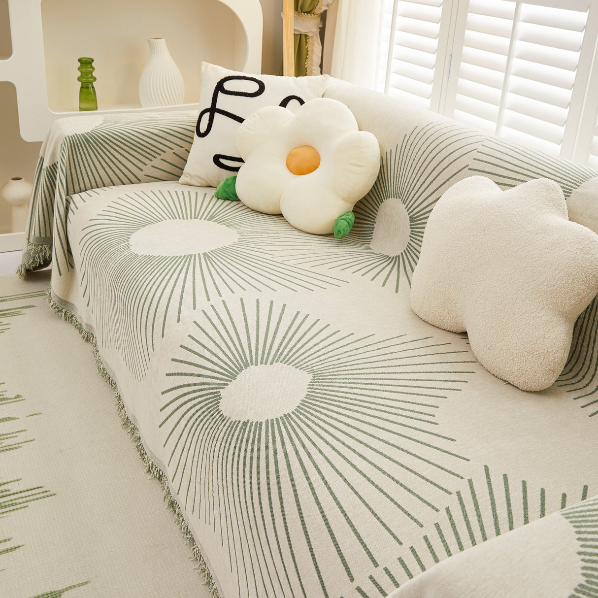 Geometric Radial Striped L-Shape Sofa Cover: Thick, Reversible Furniture Blanket for Kids and Pets