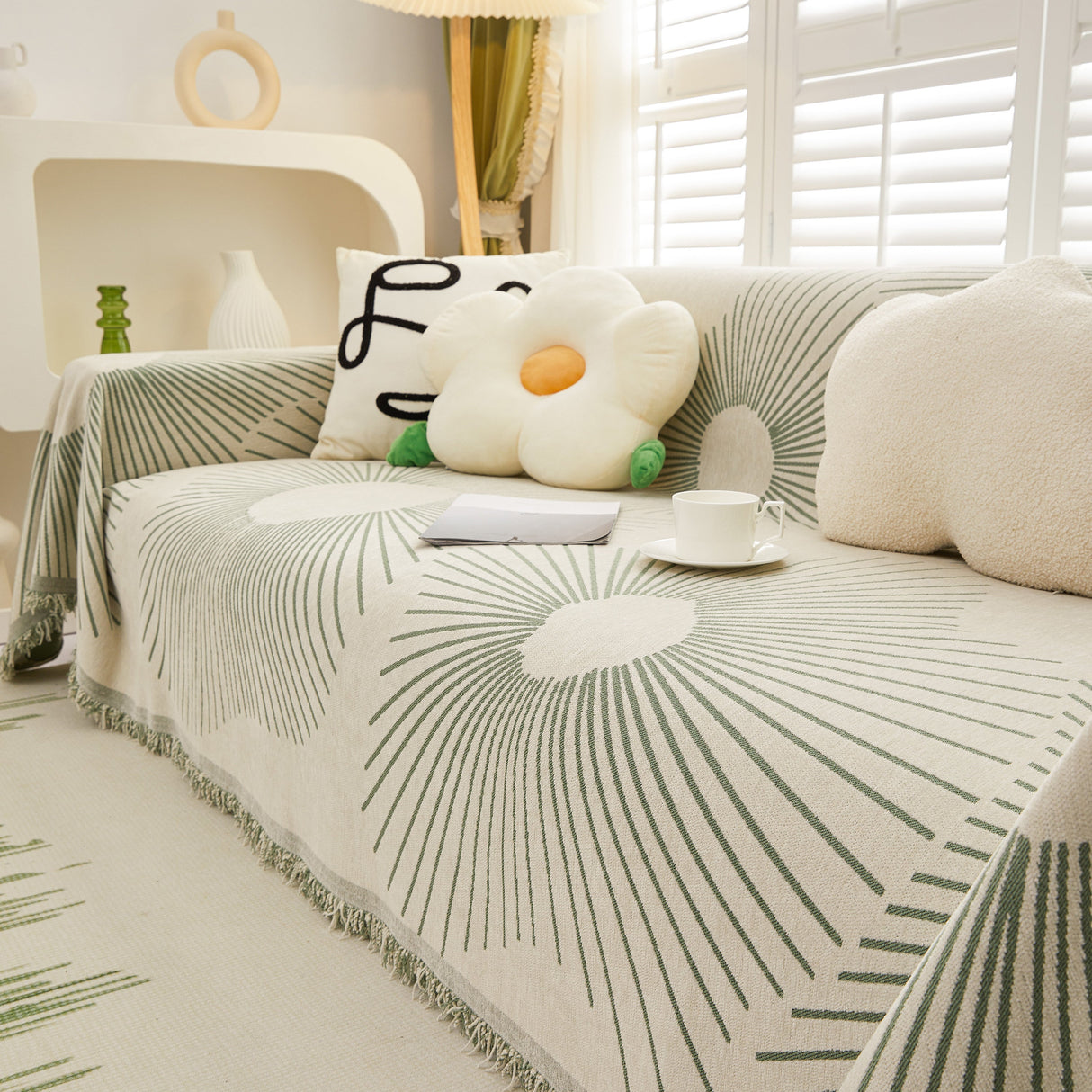 Geometric Radial Striped L-Shape Sofa Cover: Thick, Reversible Furniture Blanket for Kids and Pets