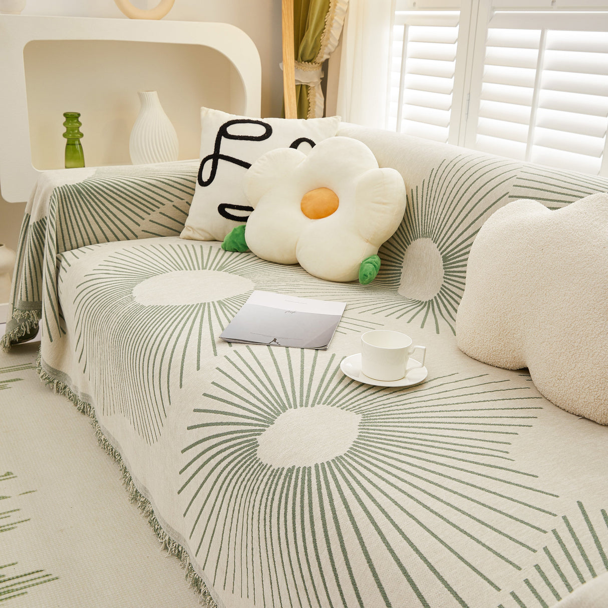 Geometric Radial Striped L-Shape Sofa Cover: Thick, Reversible Furniture Blanket for Kids and Pets