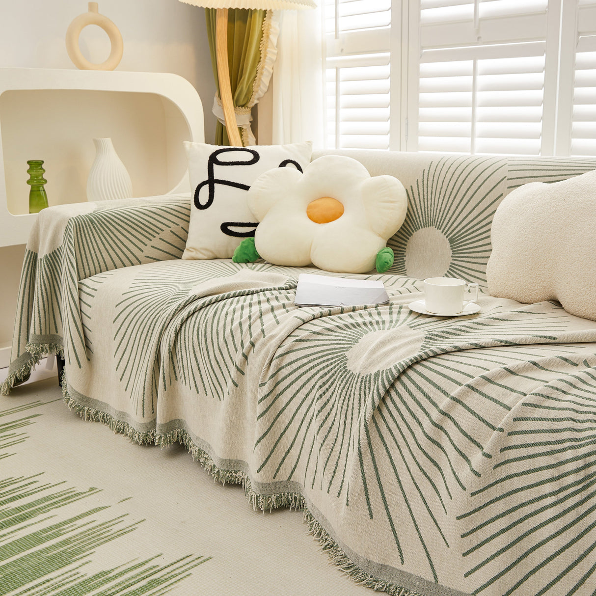 Geometric Radial Striped L-Shape Sofa Cover: Thick, Reversible Furniture Blanket for Kids and Pets