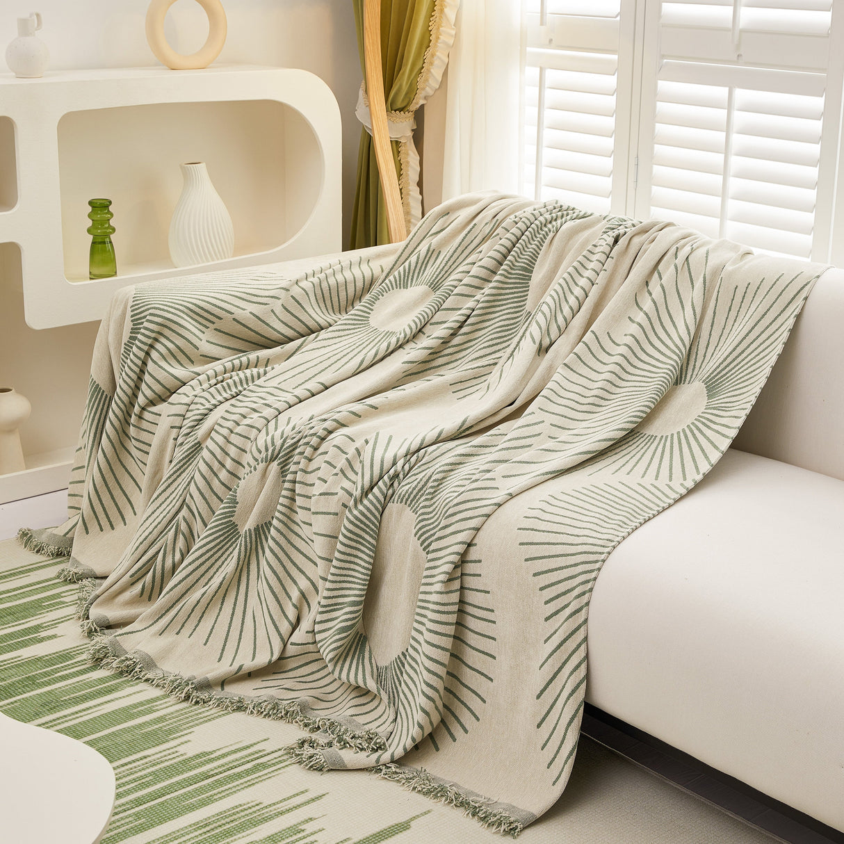 Geometric Radial Striped L-Shape Sofa Cover: Thick, Reversible Furniture Blanket for Kids and Pets
