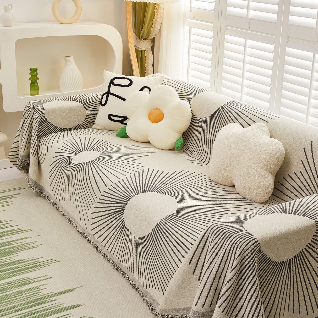 Geometric Radial Striped L-Shape Sofa Cover: Thick, Reversible Furniture Blanket for Kids and Pets