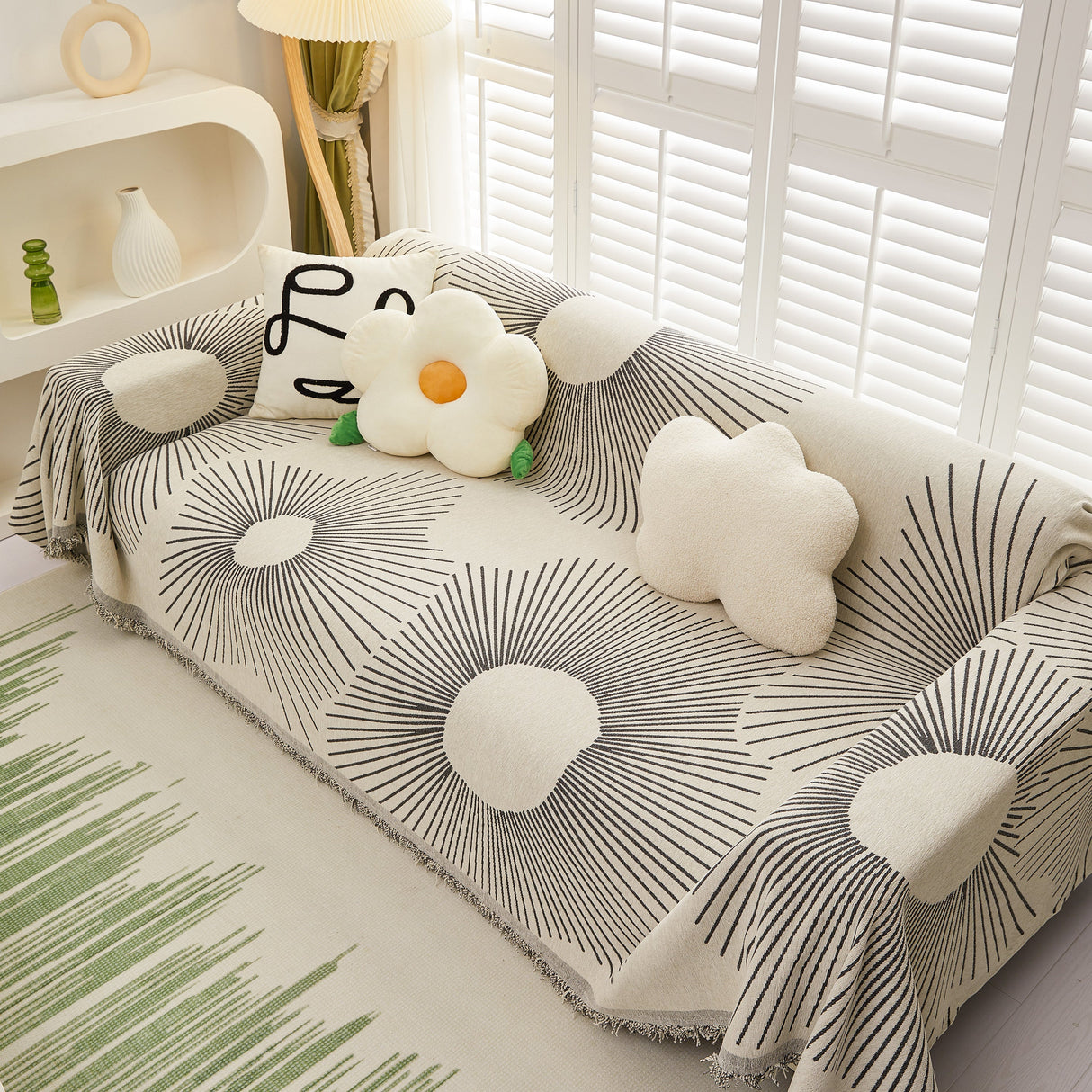 Geometric Radial Striped L-Shape Sofa Cover: Thick, Reversible Furniture Blanket for Kids and Pets