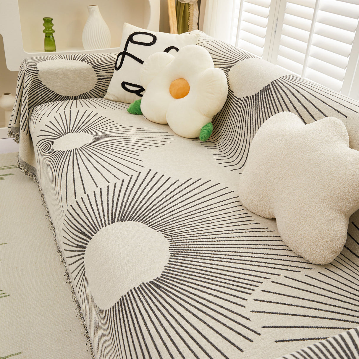 Geometric Radial Striped L-Shape Sofa Cover: Thick, Reversible Furniture Blanket for Kids and Pets