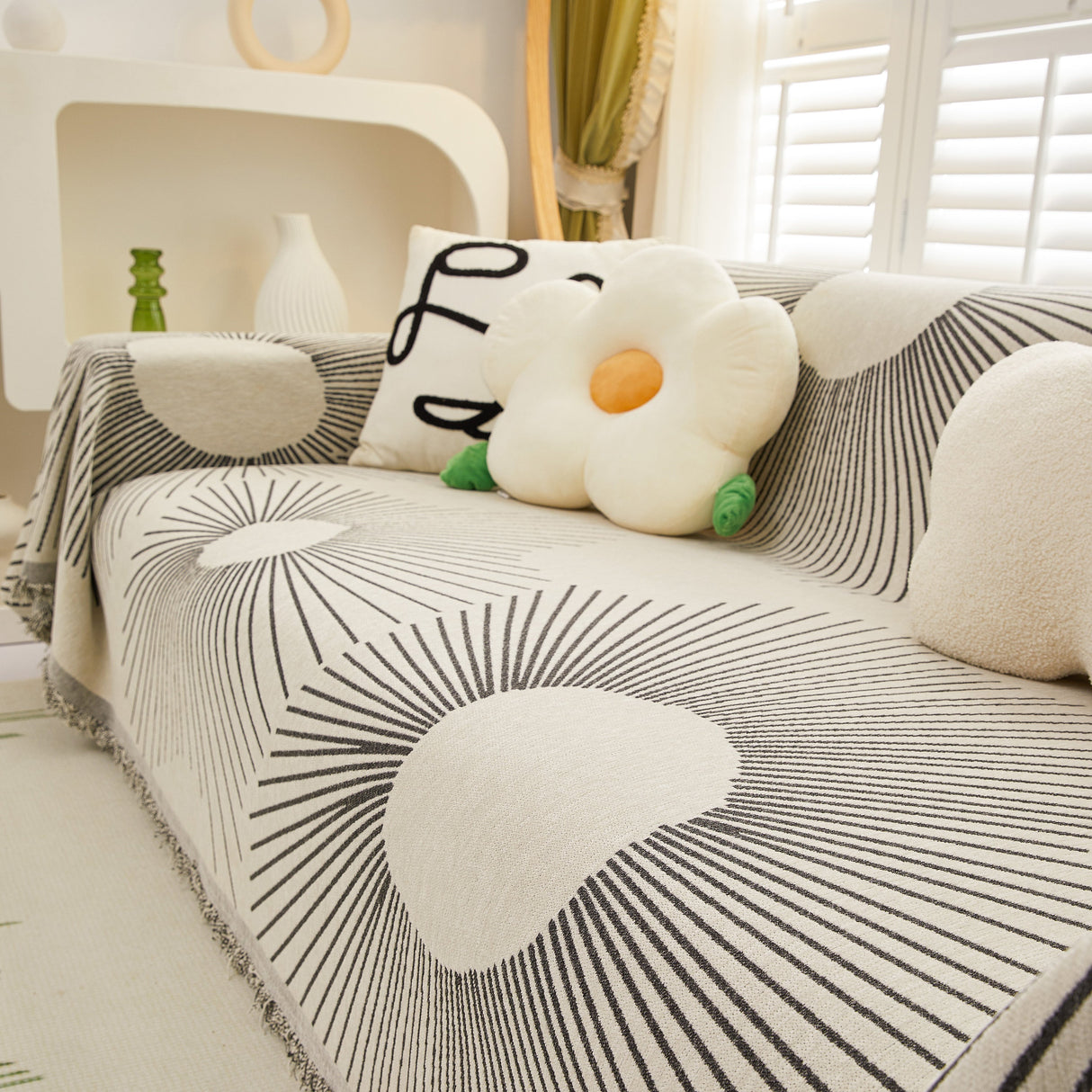 Geometric Radial Striped L-Shape Sofa Cover: Thick, Reversible Furniture Blanket for Kids and Pets