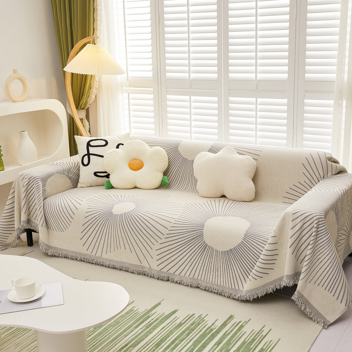 Geometric Radial Striped L-Shape Sofa Cover: Thick, Reversible Furniture Blanket for Kids and Pets