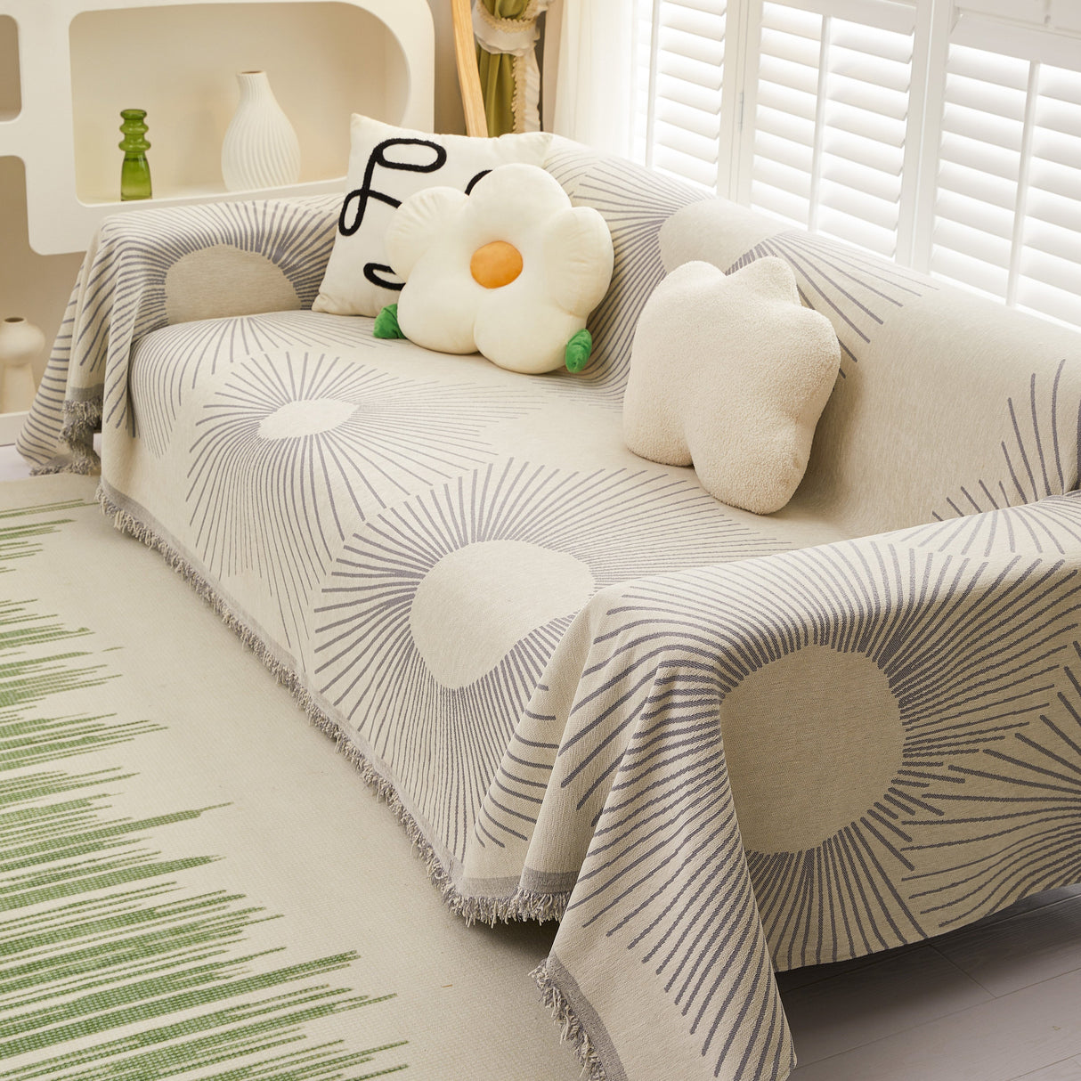 Geometric Radial Striped L-Shape Sofa Cover: Thick, Reversible Furniture Blanket for Kids and Pets