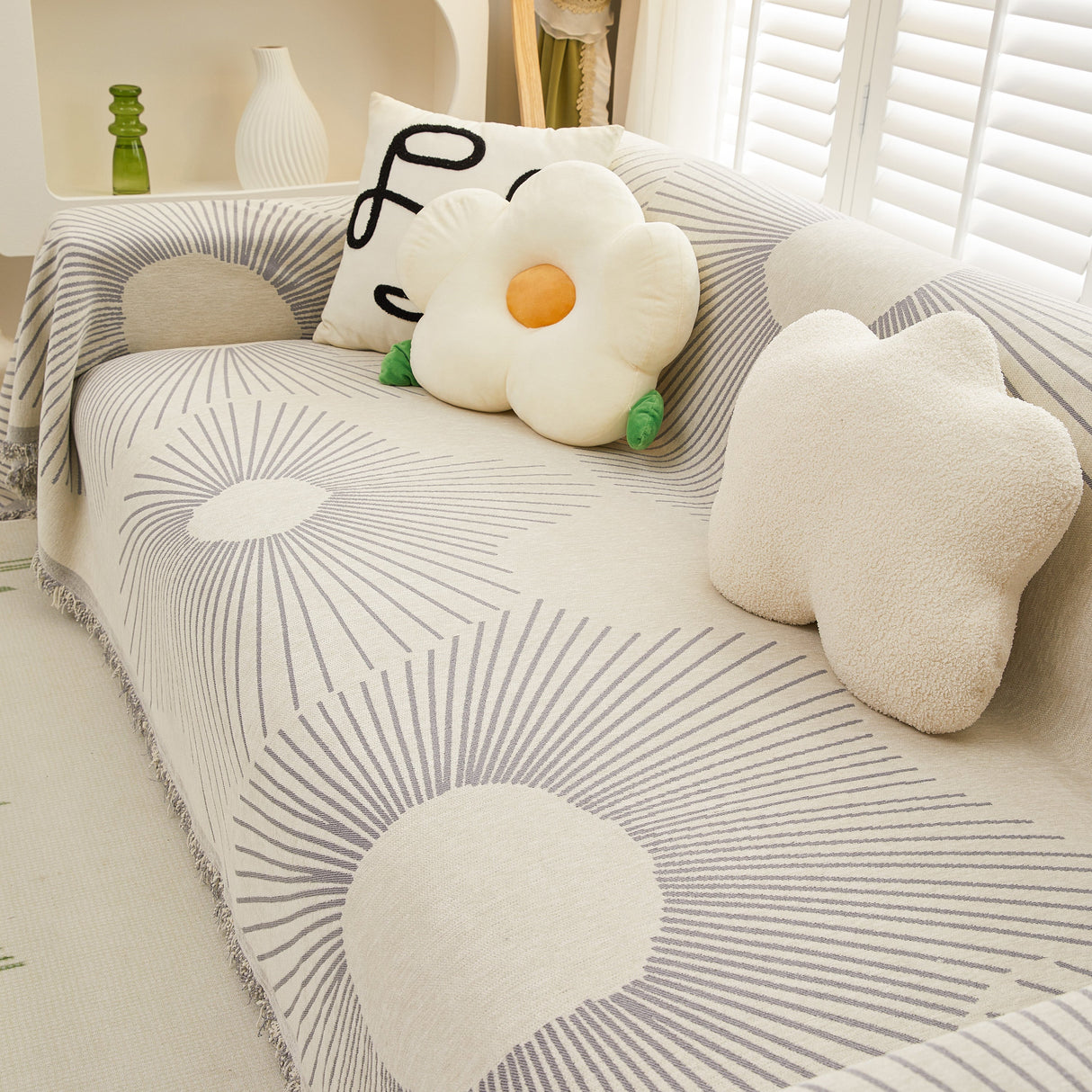 Geometric Radial Striped L-Shape Sofa Cover: Thick, Reversible Furniture Blanket for Kids and Pets