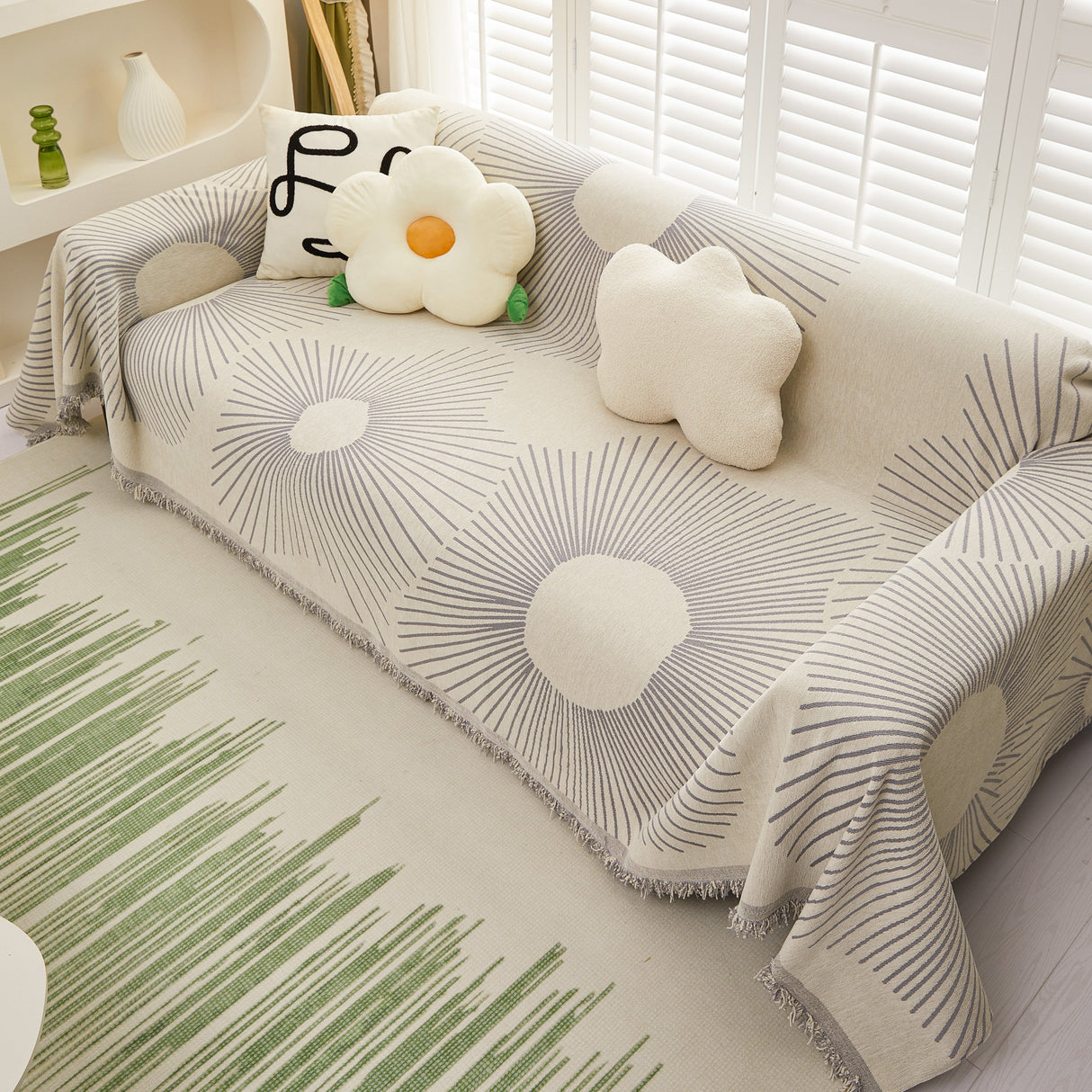 Geometric Radial Striped L-Shape Sofa Cover: Thick, Reversible Furniture Blanket for Kids and Pets