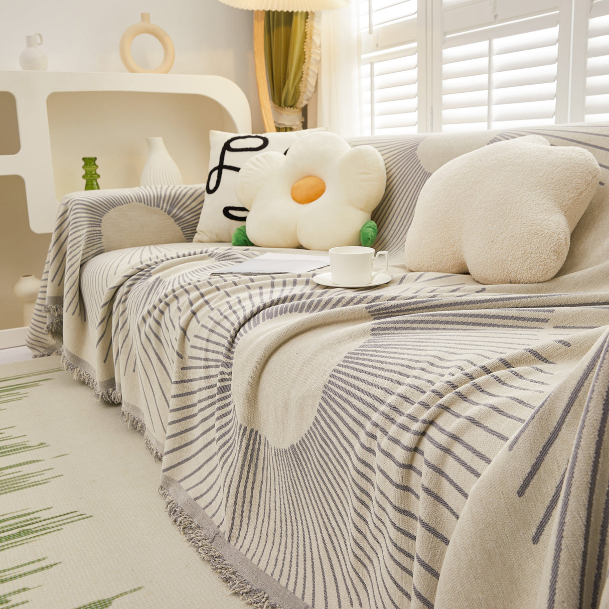 Geometric Radial Striped L-Shape Sofa Cover: Thick, Reversible Furniture Blanket for Kids and Pets