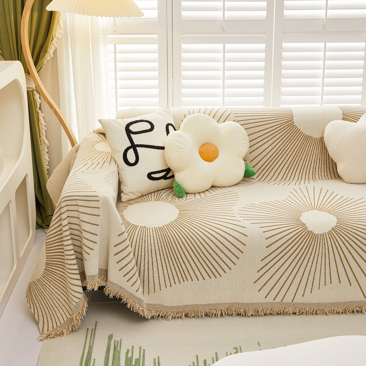 Geometric Radial Striped L-Shape Sofa Cover: Thick, Reversible Furniture Blanket for Kids and Pets