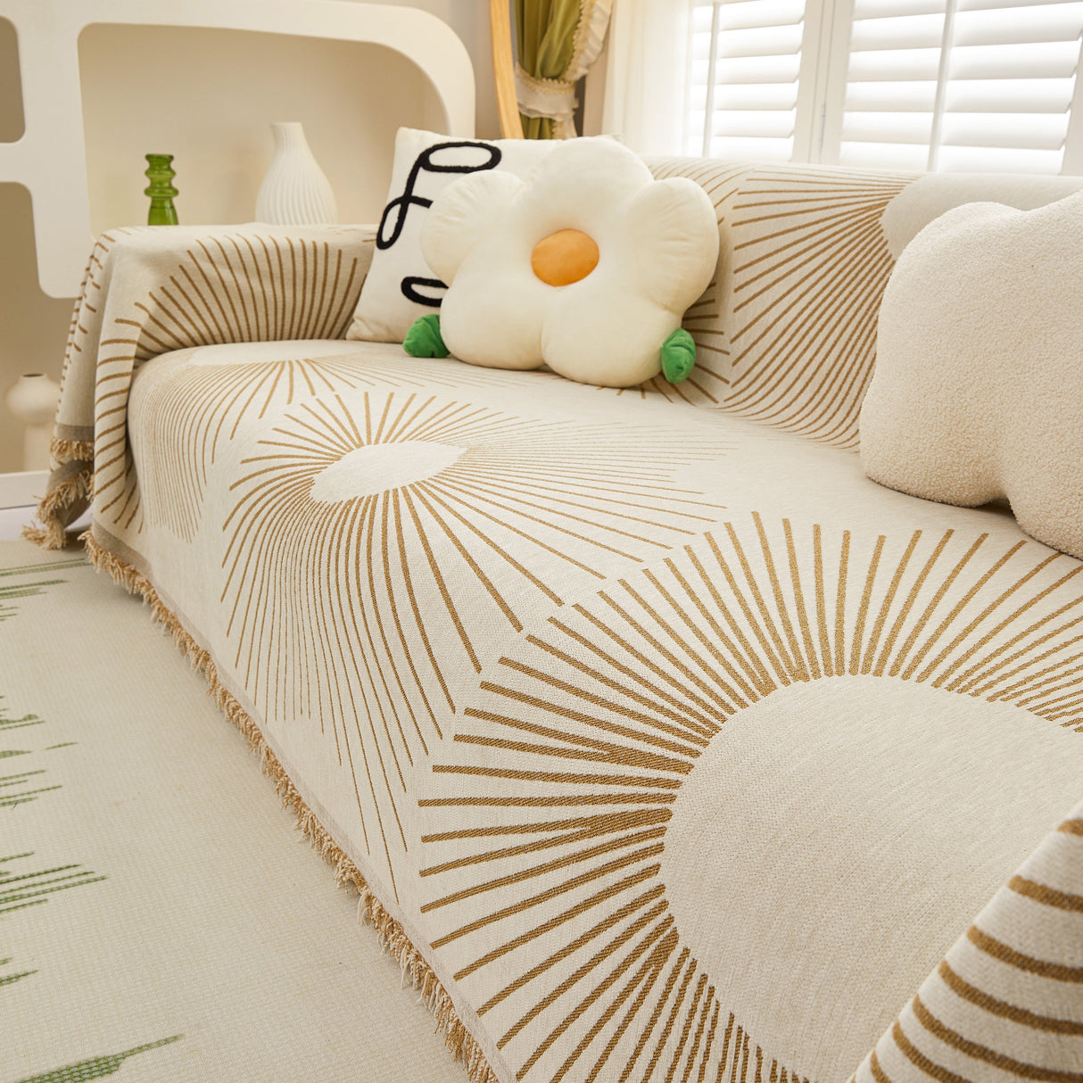 Geometric Radial Striped L-Shape Sofa Cover: Thick, Reversible Furniture Blanket for Kids and Pets