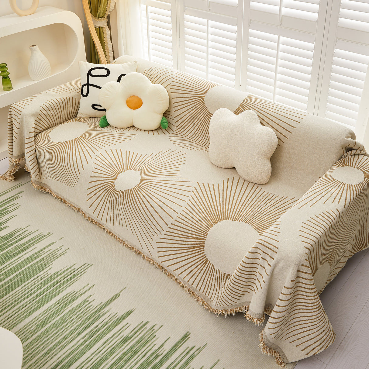 Geometric Radial Striped L-Shape Sofa Cover: Thick, Reversible Furniture Blanket for Kids and Pets