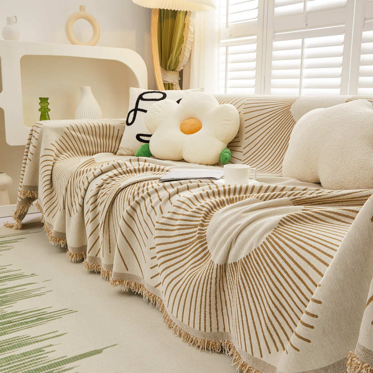 Geometric Radial Striped L-Shape Sofa Cover: Thick, Reversible Furniture Blanket for Kids and Pets