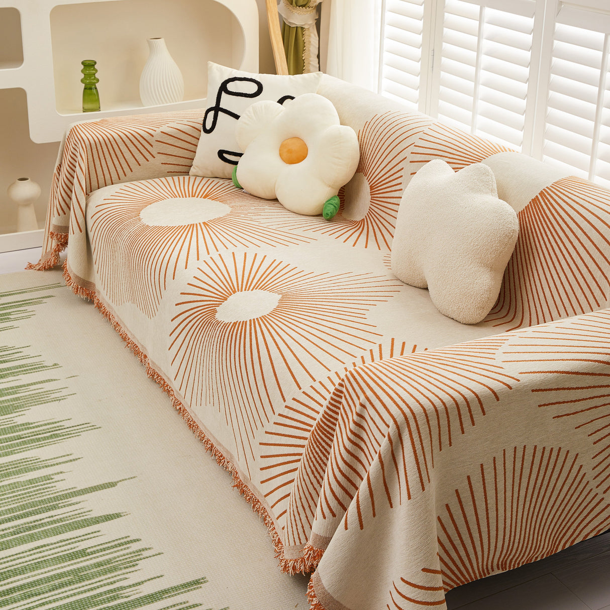 Geometric Radial Striped L-Shape Sofa Cover: Thick, Reversible Furniture Blanket for Kids and Pets